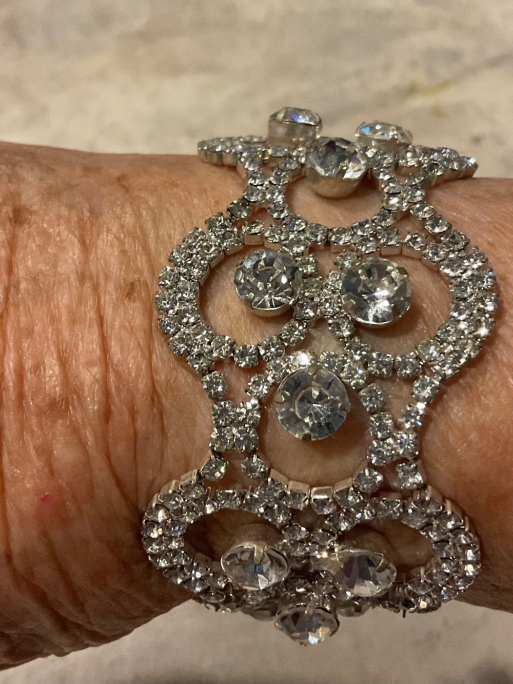 Silver-Tone Crystal Statement Bracelet - Sparkling Clear Rhinestones 7”